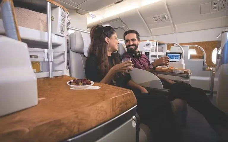 Emirates Business Class Seats - Indian Couple Sitting in Business Class - Enjoying, and Eating